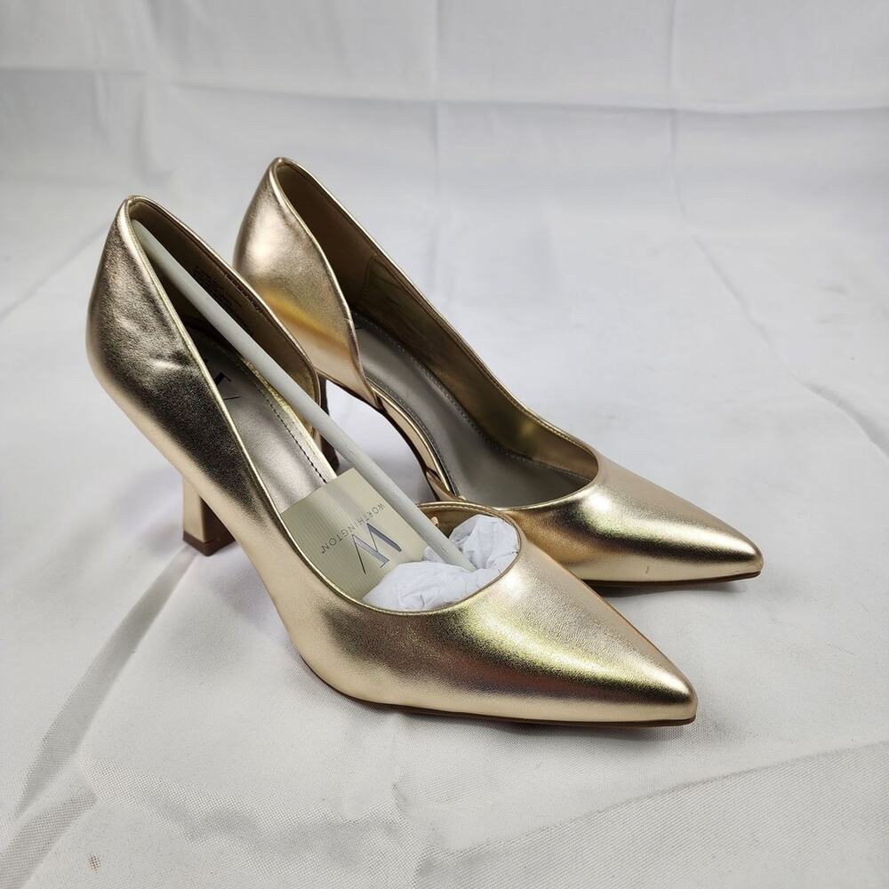 Worthington Lucien Women's Gold Pointed Toe D'Orsay Block Heel Pumps Size 7.5M